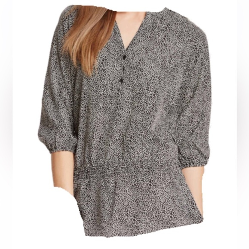 Harve Bernard NWT Black & White V-Neck Gathered Waist Tunic Blouse, Size S